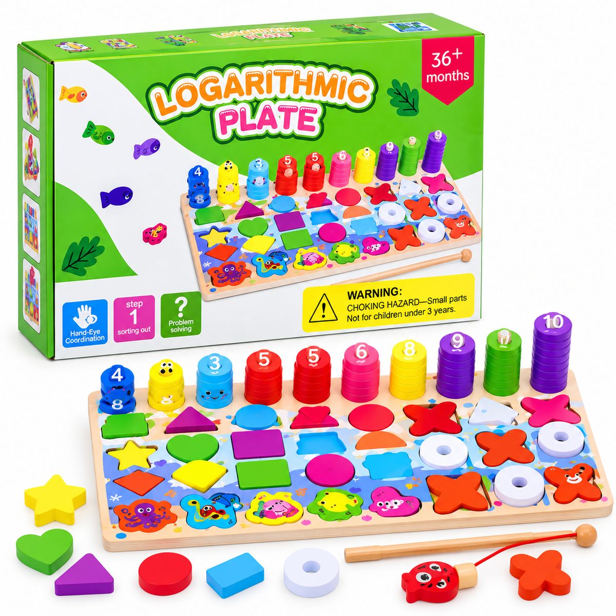 Wooden Educational Board – Counting, Shapes & Fishing Game