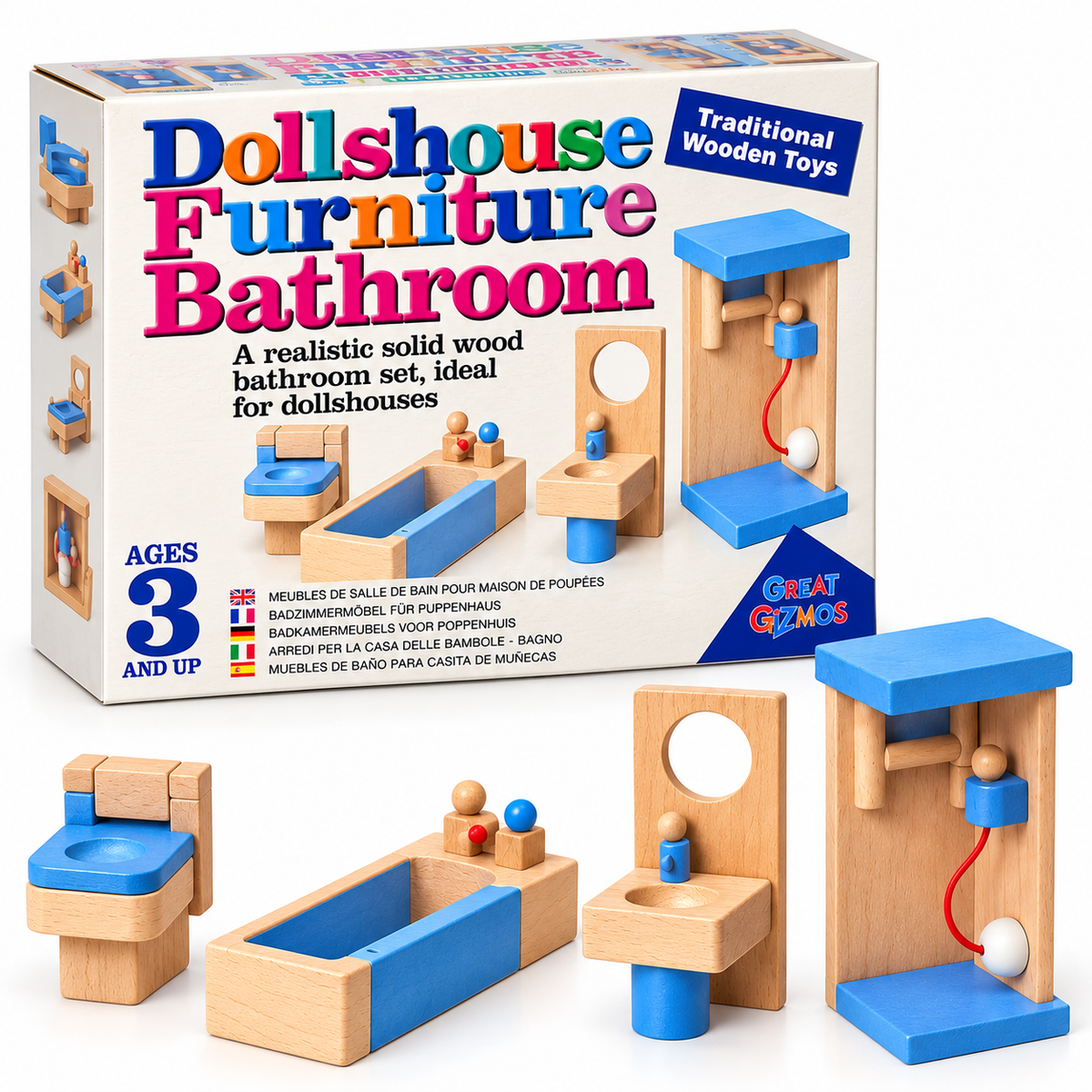 Wooden Dollhouse Furniture Set – Bathroom & Living Room