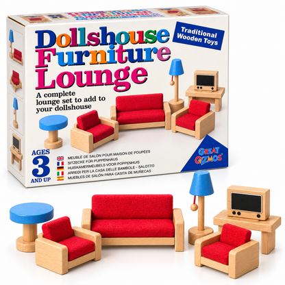 Wooden Dollhouse Furniture Set – Bathroom & Living Room
