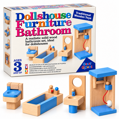 Wooden Dollhouse Furniture Set – Bathroom & Living Room