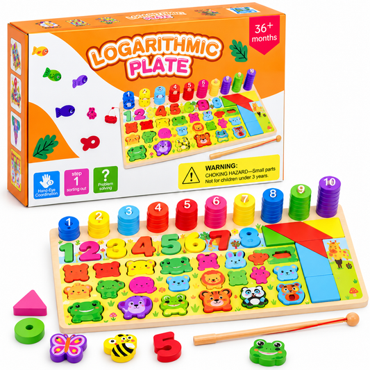 Wooden Educational Board – Counting, Shapes & Fishing Game