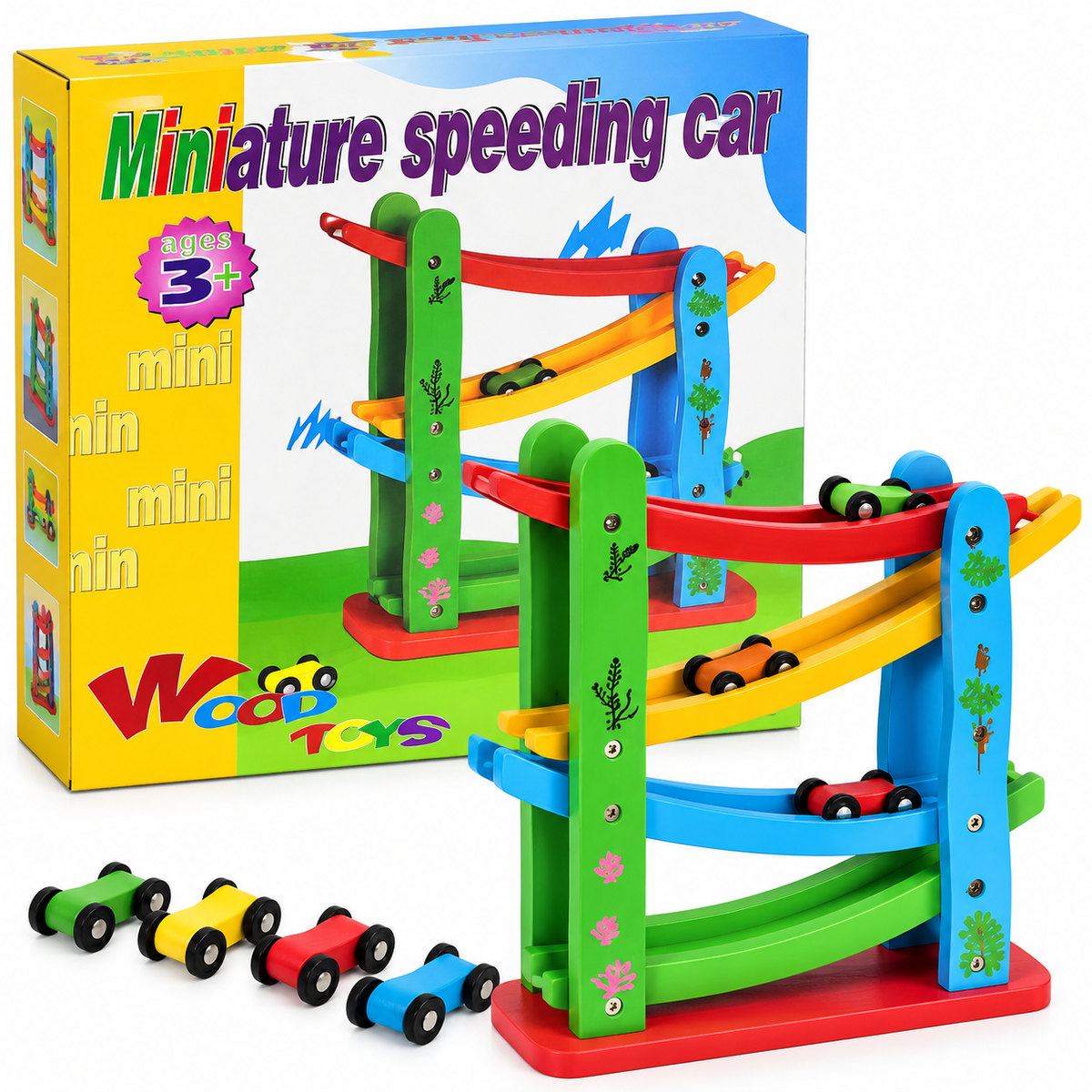 Wooden Mini Racing Car Track – 4-Level Ramp Set