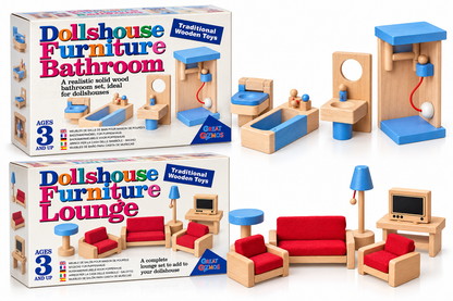 Wooden Dollhouse Furniture Set – Bathroom & Living Room