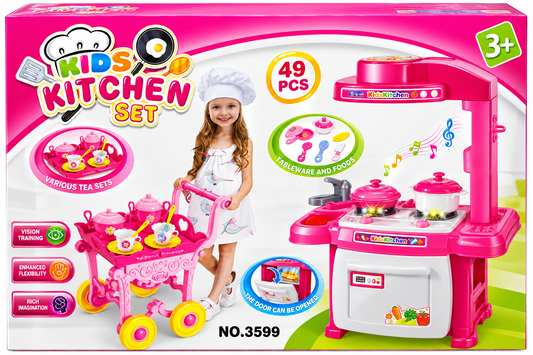 Kids Kitchen Set – 49 Pieces with Cooking Station & Tea Trolley