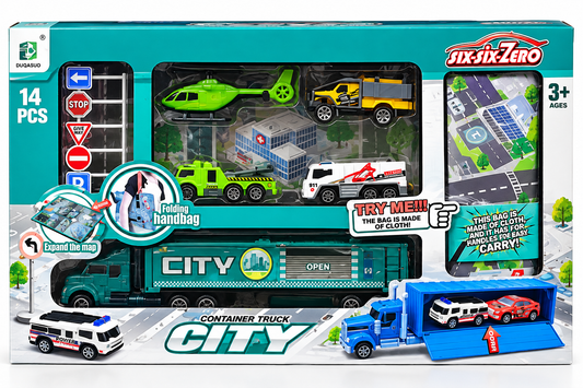 City Container Truck & Rescue Vehicles Playset – 14 Pieces
